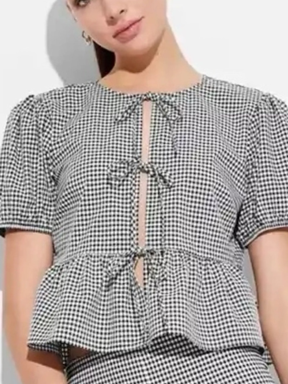 Wild Fable Gingham Puff Sleeve Tie Front Top